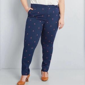 ModCloth Embroidered Umbrella Print Pants Chino Style Navy Red Size 28 Women’s